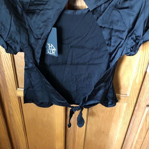 NWT Chaser Y2K Satin Crop Open Back Tie Tee Top Black - S - Picture 8 of 11